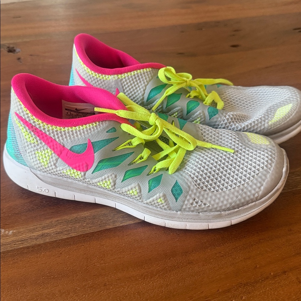 Nike Free 5.0 White with Neon Pink and Yellow Accents Shoes